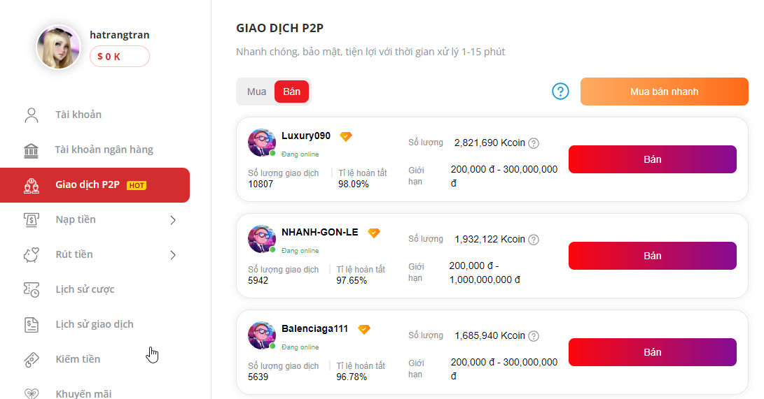 Hướng dẫn chuyển đổi và bán Kcoin qua giao dịch P2P trên May88