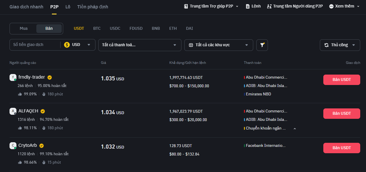 Ch?n Tab Bán và nh?n vào USDT